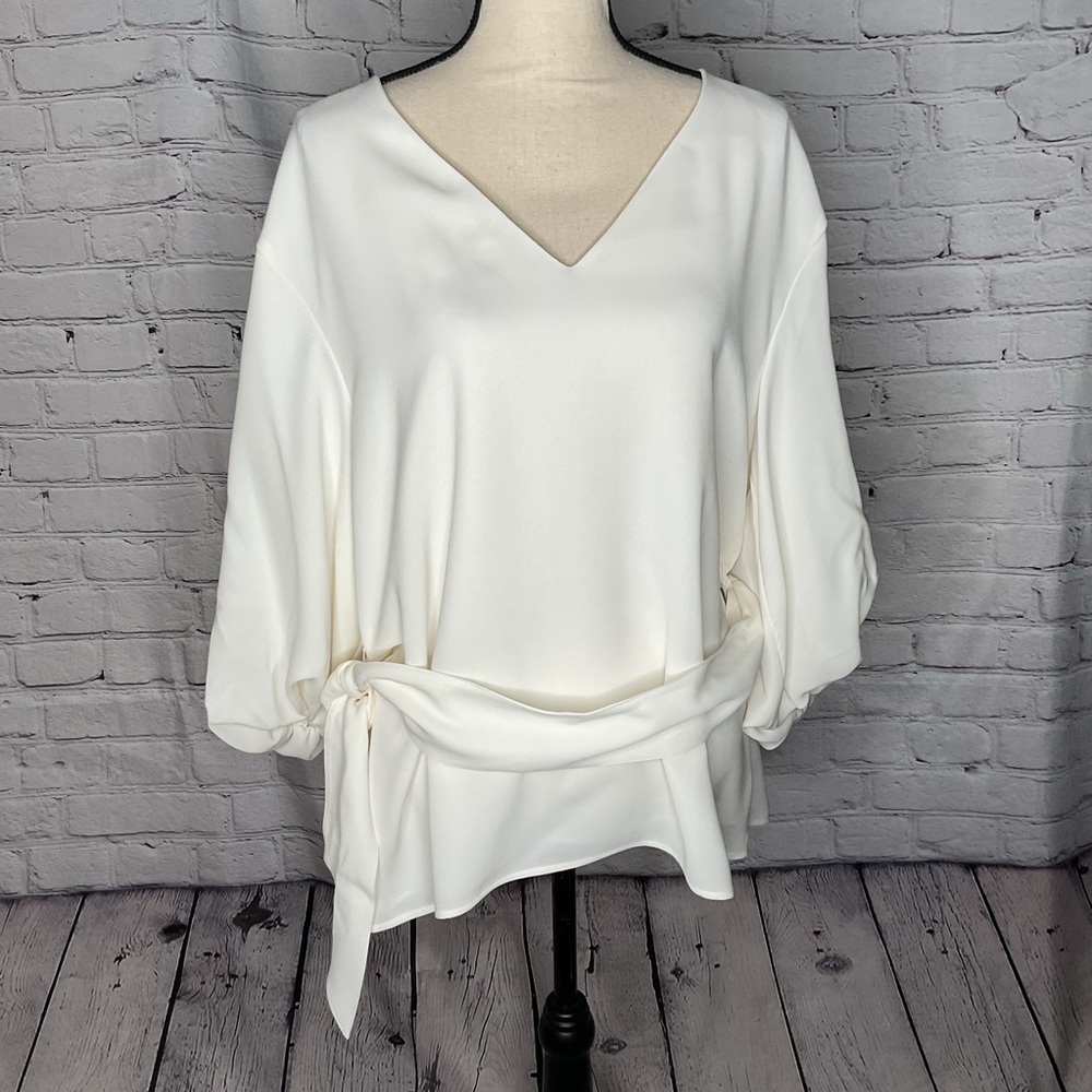 Lafayette 148 Cloud White Bishop Sleeve Self Tie Blouse XL NWT